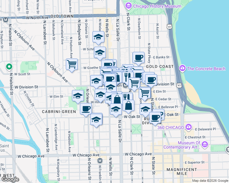 map of restaurants, bars, coffee shops, grocery stores, and more near 1140 North LaSalle Street in Chicago