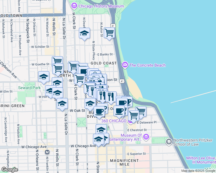 map of restaurants, bars, coffee shops, grocery stores, and more near East Elm Street in Chicago