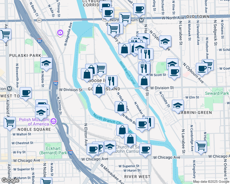 map of restaurants, bars, coffee shops, grocery stores, and more near 1143 North Cherry Avenue in Chicago
