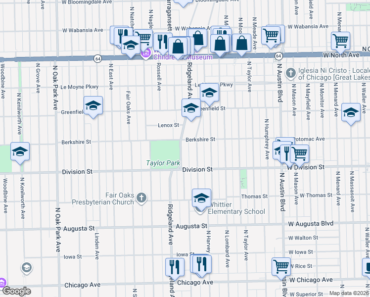 map of restaurants, bars, coffee shops, grocery stores, and more near 936 North Ridgeland Avenue in Oak Park