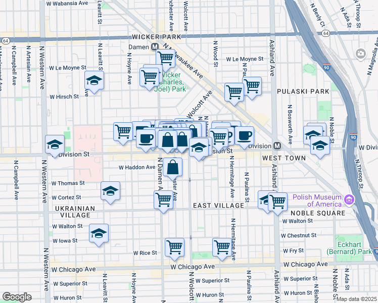 map of restaurants, bars, coffee shops, grocery stores, and more near W Division St & N Wolcott Ave in Chicago