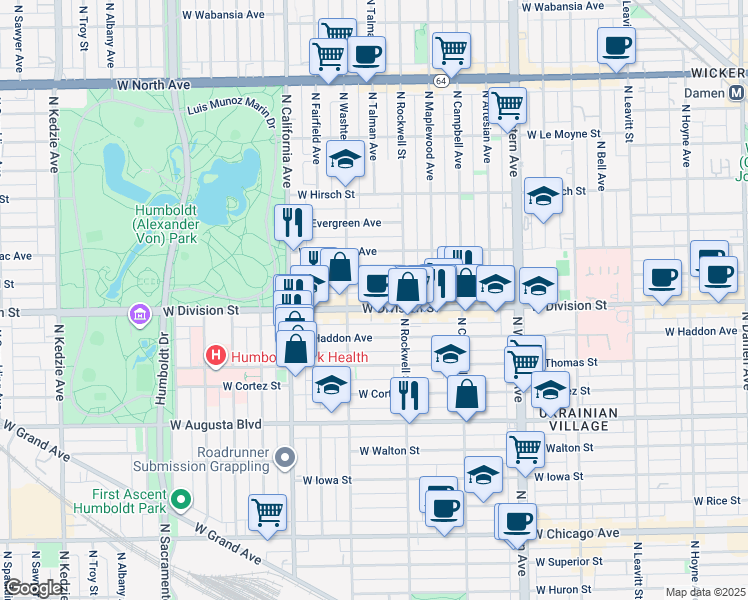 map of restaurants, bars, coffee shops, grocery stores, and more near 2625 West Division Street in Chicago