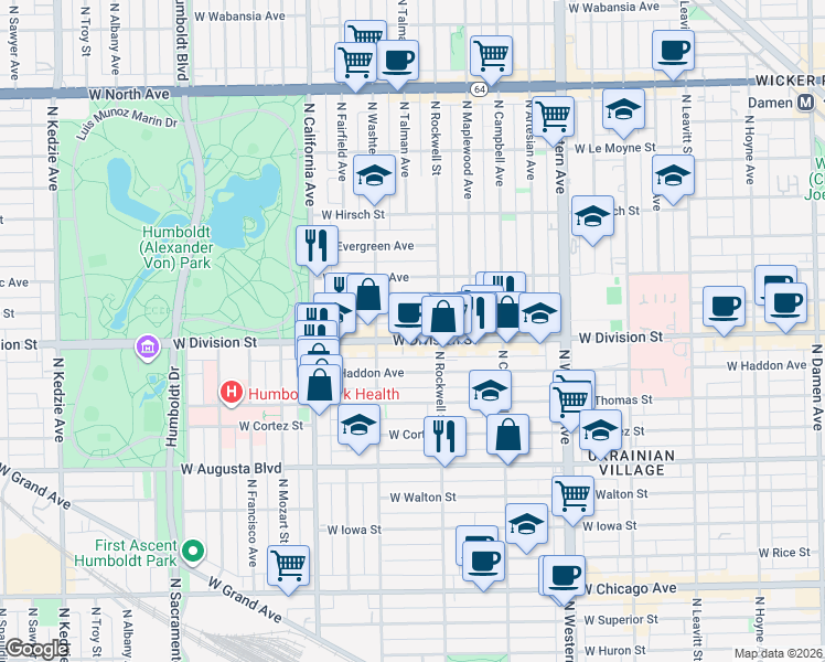 map of restaurants, bars, coffee shops, grocery stores, and more near 2625 West Division Street in Chicago