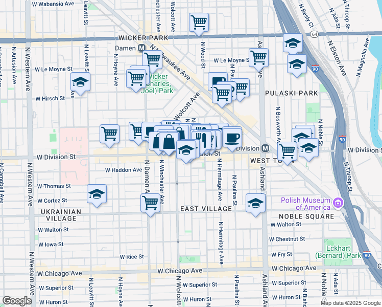 map of restaurants, bars, coffee shops, grocery stores, and more near W Division St & N Honore St in Chicago