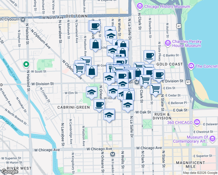 map of restaurants, bars, coffee shops, grocery stores, and more near in Chicago