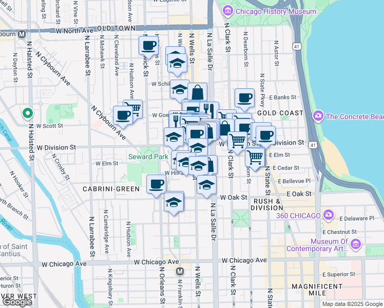 map of restaurants, bars, coffee shops, grocery stores, and more near 1140 North Wells Street in Chicago