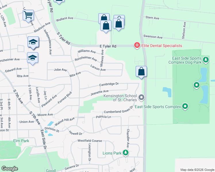 map of restaurants, bars, coffee shops, grocery stores, and more near 1807 Cambridge Drive in St. Charles