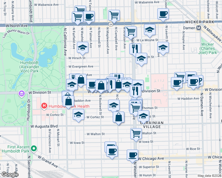 map of restaurants, bars, coffee shops, grocery stores, and more near 2518 West Division Street in Chicago