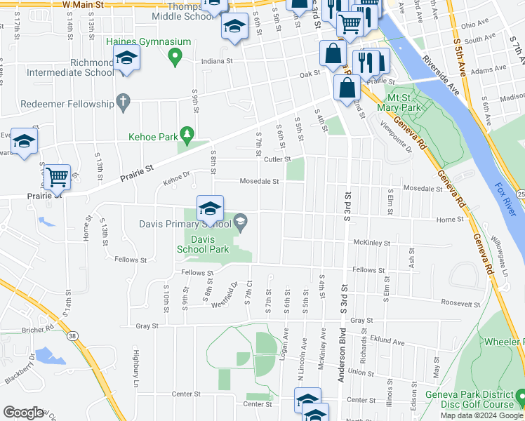 map of restaurants, bars, coffee shops, grocery stores, and more near 612 Horne Street in Sint Charles