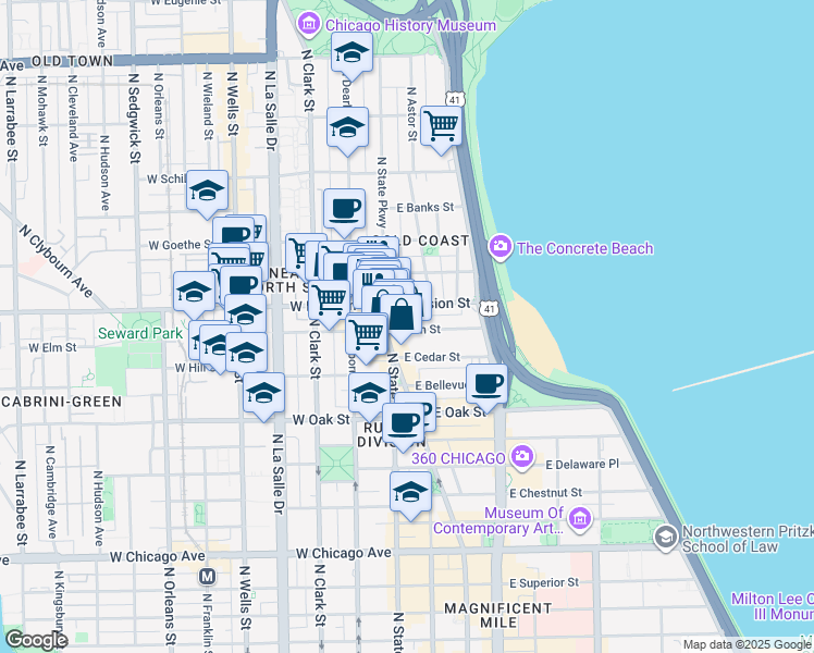 map of restaurants, bars, coffee shops, grocery stores, and more near 1201 North State Parkway in Chicago