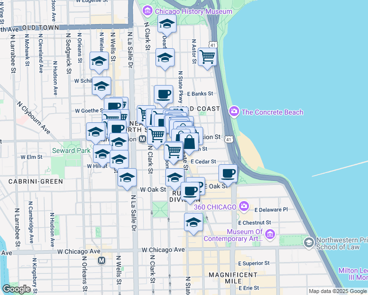 map of restaurants, bars, coffee shops, grocery stores, and more near 1201 North State Parkway in Chicago
