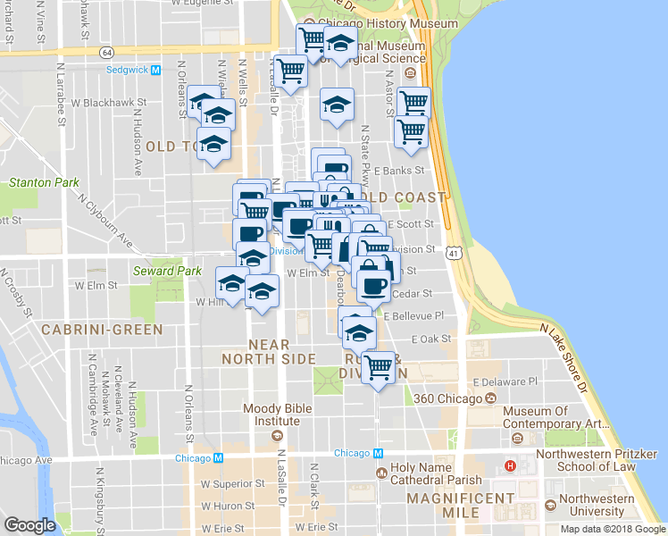 map of restaurants, bars, coffee shops, grocery stores, and more near 200 West Division Street in Chicago