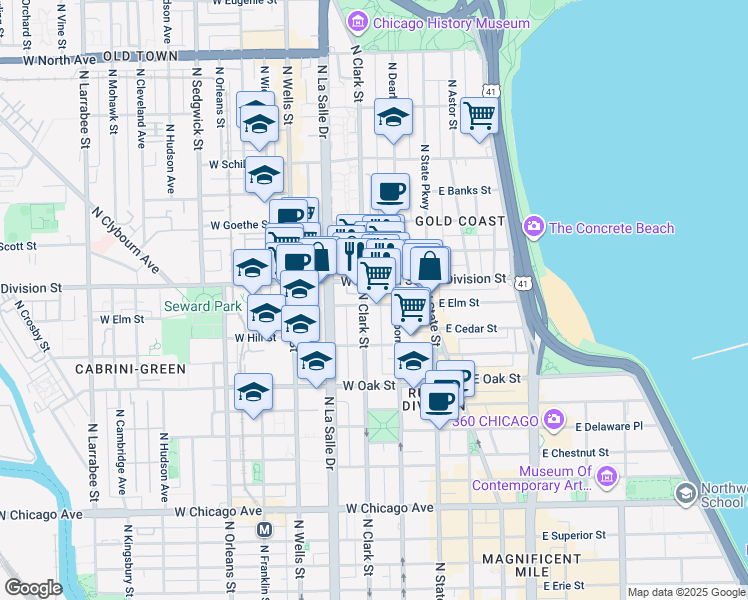 map of restaurants, bars, coffee shops, grocery stores, and more near in Chicago