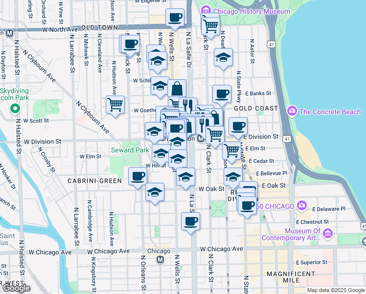 map of restaurants, bars, coffee shops, grocery stores, and more near in Chicago