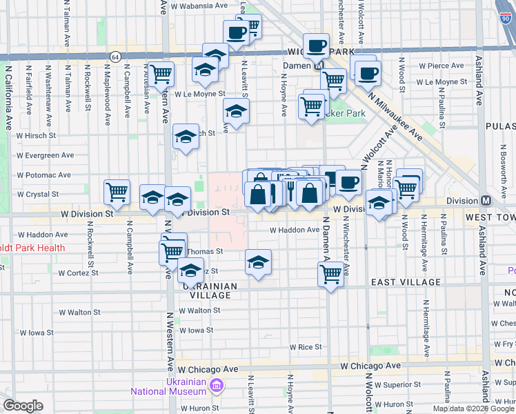 map of restaurants, bars, coffee shops, grocery stores, and more near 2133 West Crystal Street in Chicago