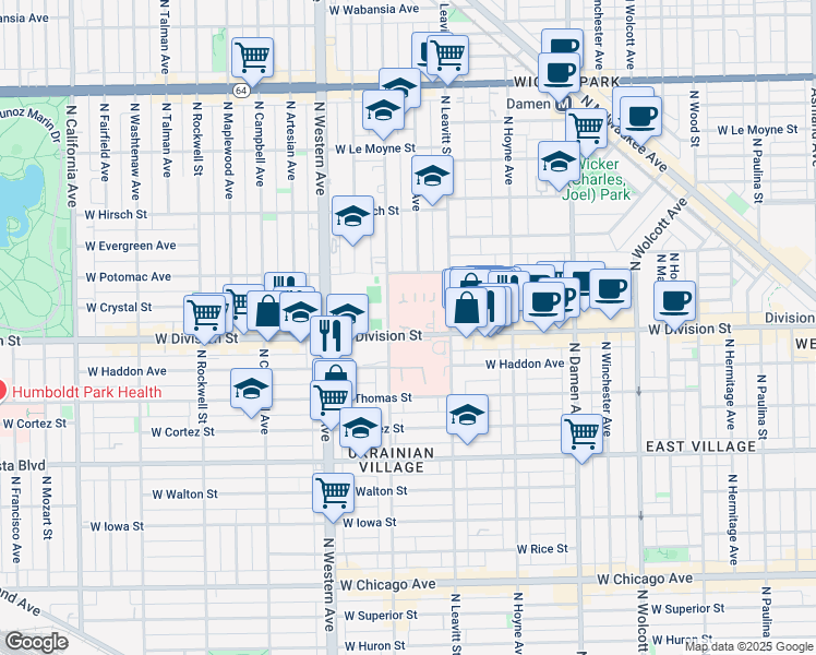 map of restaurants, bars, coffee shops, grocery stores, and more near 1229 North Oakley Boulevard in Chicago