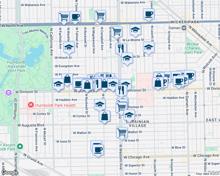 map of restaurants, bars, coffee shops, grocery stores, and more near 1228 North Artesian Avenue in Chicago