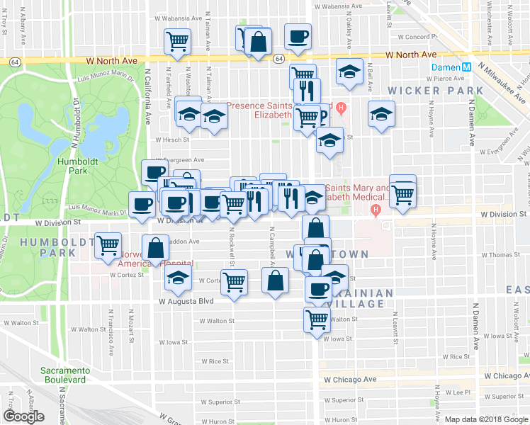 map of restaurants, bars, coffee shops, grocery stores, and more near 1232 North Campbell Avenue in Chicago
