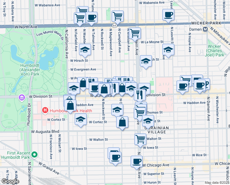 map of restaurants, bars, coffee shops, grocery stores, and more near 1232 North Campbell Avenue in Chicago