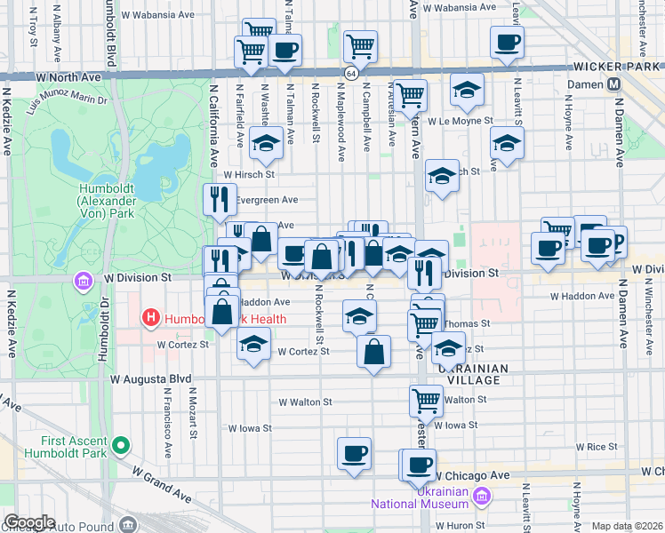 map of restaurants, bars, coffee shops, grocery stores, and more near 1231 North Rockwell Street in Chicago