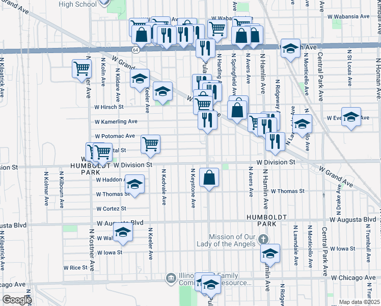 map of restaurants, bars, coffee shops, grocery stores, and more near 4032 West Crystal Street in Chicago