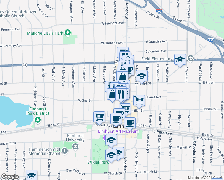 map of restaurants, bars, coffee shops, grocery stores, and more near 142 West 3rd Street in Elmhurst
