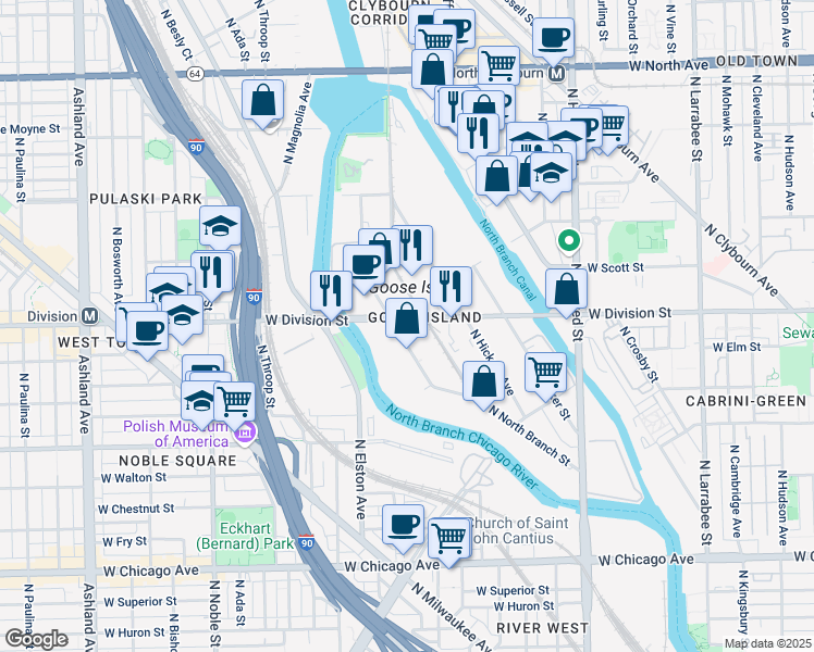 map of restaurants, bars, coffee shops, grocery stores, and more near 1071 West Division Street in Chicago