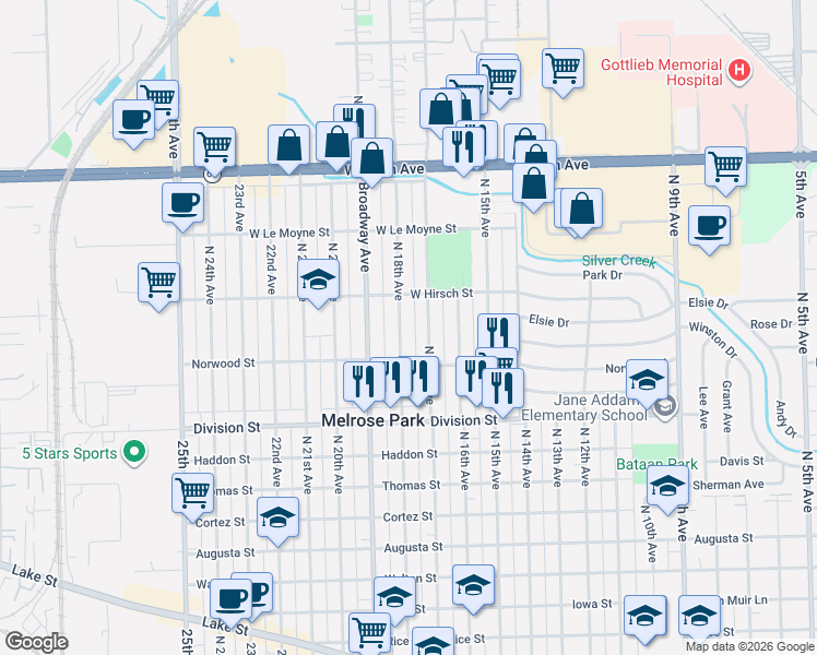 map of restaurants, bars, coffee shops, grocery stores, and more near 1644 North 17th Avenue in Melrose Park