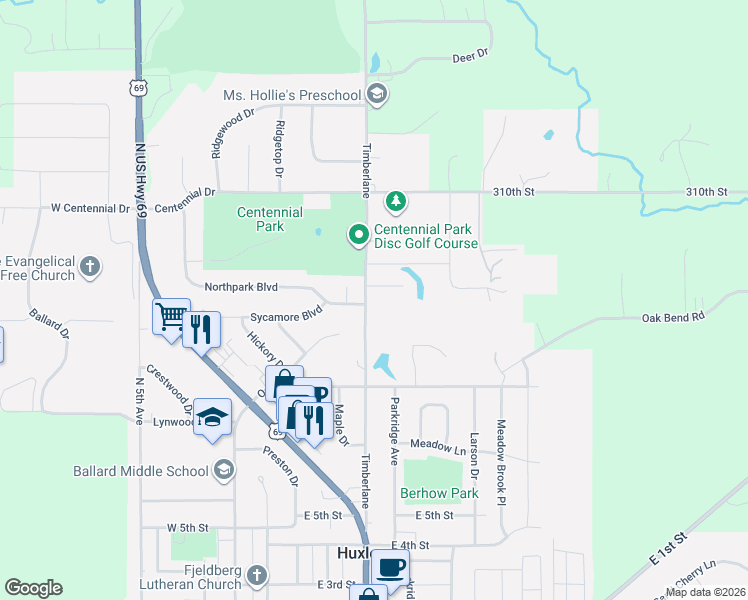 map of restaurants, bars, coffee shops, grocery stores, and more near 503 Parkwood Cir in Huxley