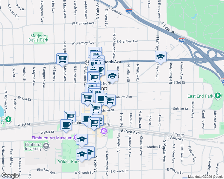 map of restaurants, bars, coffee shops, grocery stores, and more near 148 East 3rd Street in Elmhurst