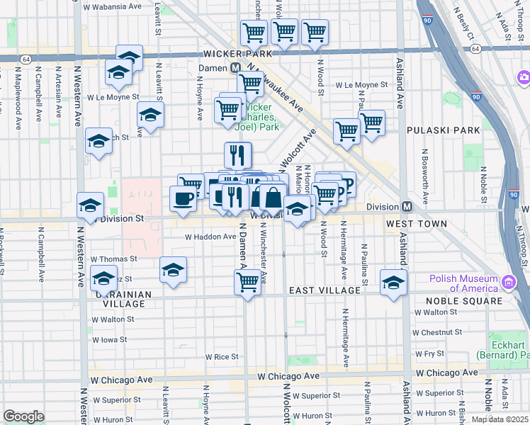 map of restaurants, bars, coffee shops, grocery stores, and more near 1943 West Crystal Street in Chicago
