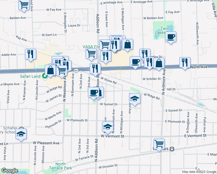 map of restaurants, bars, coffee shops, grocery stores, and more near 727 North Iowa Avenue in Villa Park