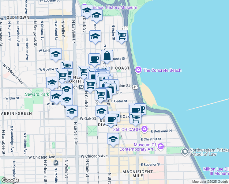map of restaurants, bars, coffee shops, grocery stores, and more near 30 East Division Street in Chicago