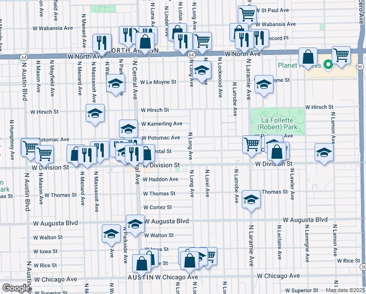 map of restaurants, bars, coffee shops, grocery stores, and more near 5424 West Potomac Avenue in Chicago
