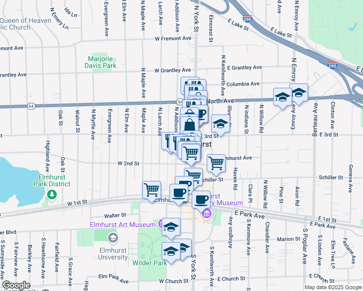 map of restaurants, bars, coffee shops, grocery stores, and more near in Elmhurst