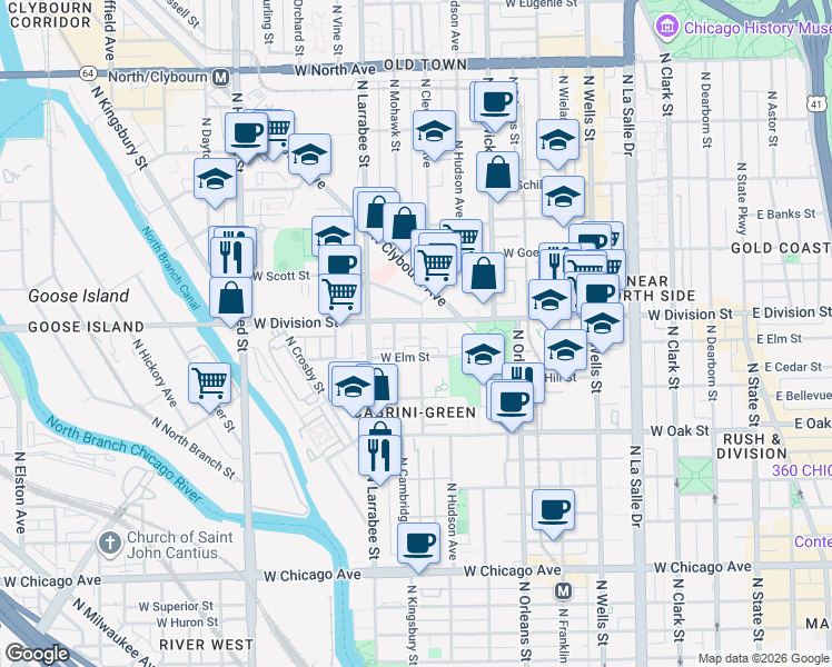 map of restaurants, bars, coffee shops, grocery stores, and more near 1158 North Cleveland Avenue in Chicago
