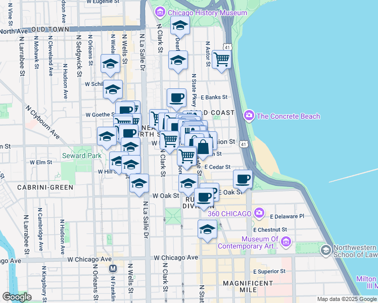 map of restaurants, bars, coffee shops, grocery stores, and more near 14 West Elm Street in Chicago