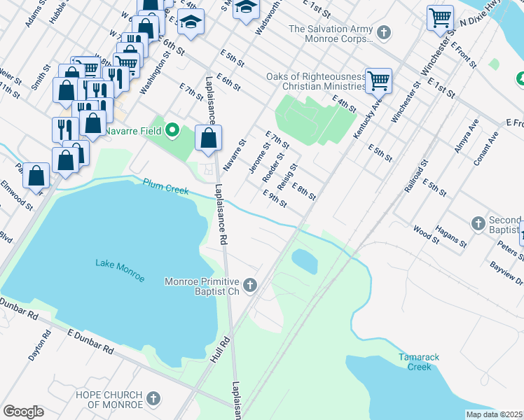 map of restaurants, bars, coffee shops, grocery stores, and more near 913 Roeder Street in Monroe