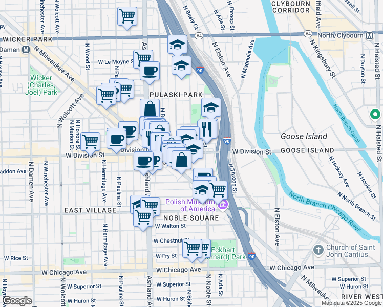 map of restaurants, bars, coffee shops, grocery stores, and more near 1201 North Cleaver Street in Chicago