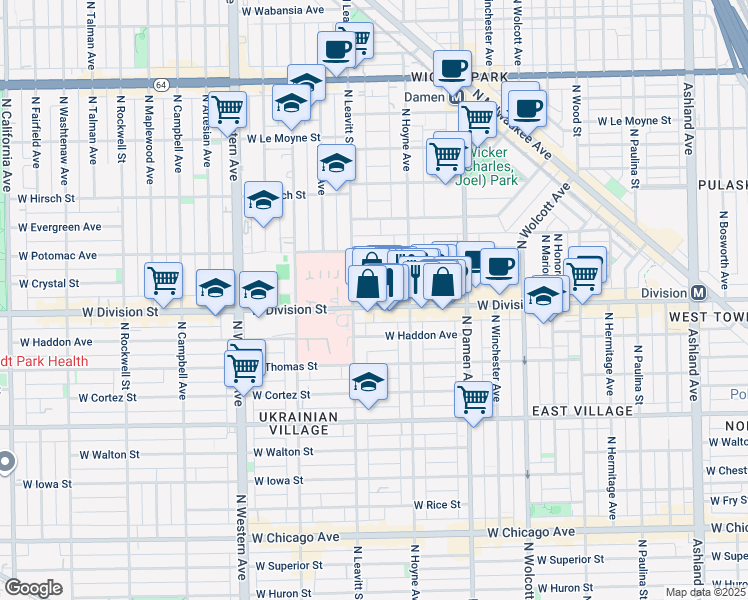 map of restaurants, bars, coffee shops, grocery stores, and more near 2125 West Crystal Street in Chicago