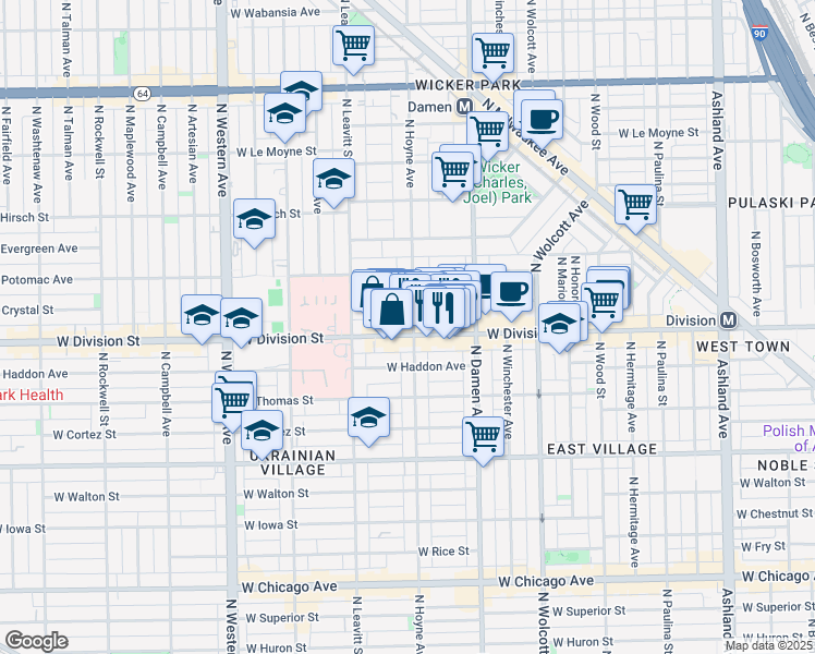 map of restaurants, bars, coffee shops, grocery stores, and more near 1223 North Hoyne Avenue in Chicago