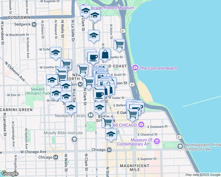map of restaurants, bars, coffee shops, grocery stores, and more near 102 East Division Street in Chicago
