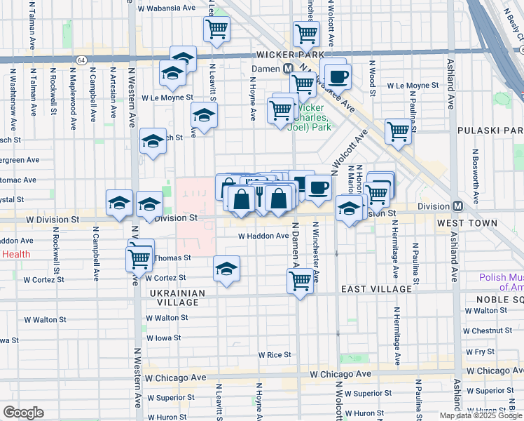 map of restaurants, bars, coffee shops, grocery stores, and more near 2054 West Division Street in Chicago