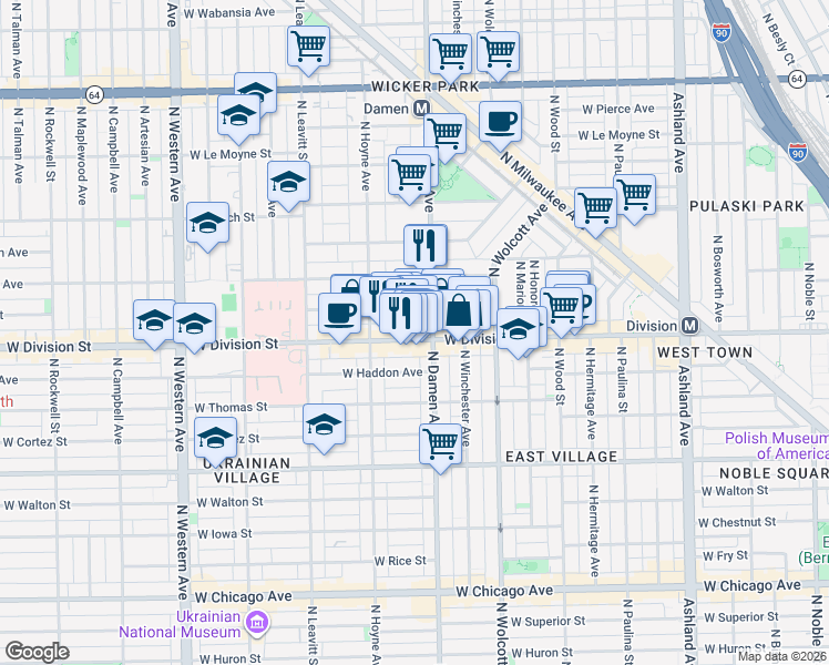 map of restaurants, bars, coffee shops, grocery stores, and more near 2025 West Crystal Street in Chicago