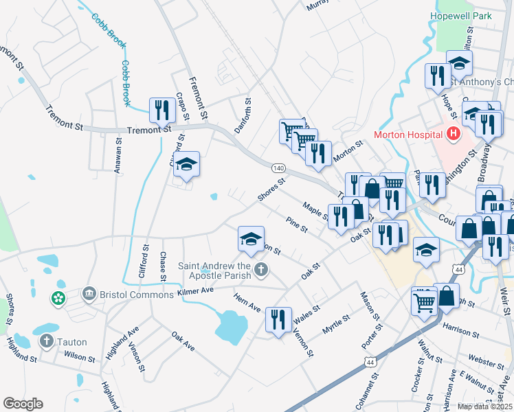 map of restaurants, bars, coffee shops, grocery stores, and more near 23 Shores Street in Taunton