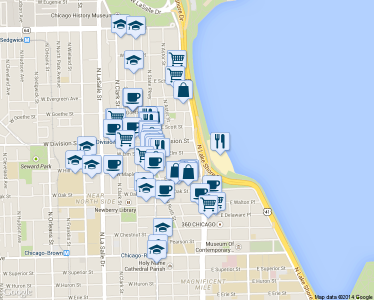 map of restaurants, bars, coffee shops, grocery stores, and more near 76-98 East Division Street in Chicago
