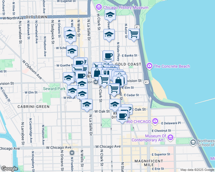 map of restaurants, bars, coffee shops, grocery stores, and more near 21 West Division Street in Chicago