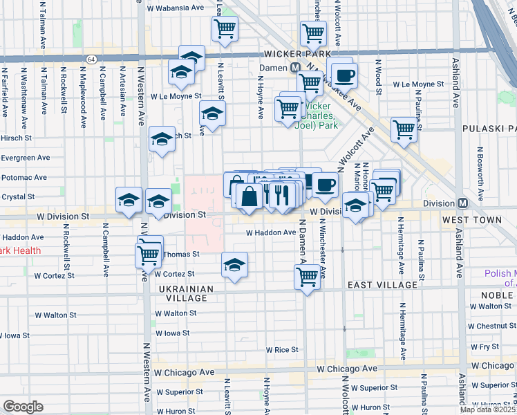 map of restaurants, bars, coffee shops, grocery stores, and more near 1223 North Hoyne Avenue in Chicago