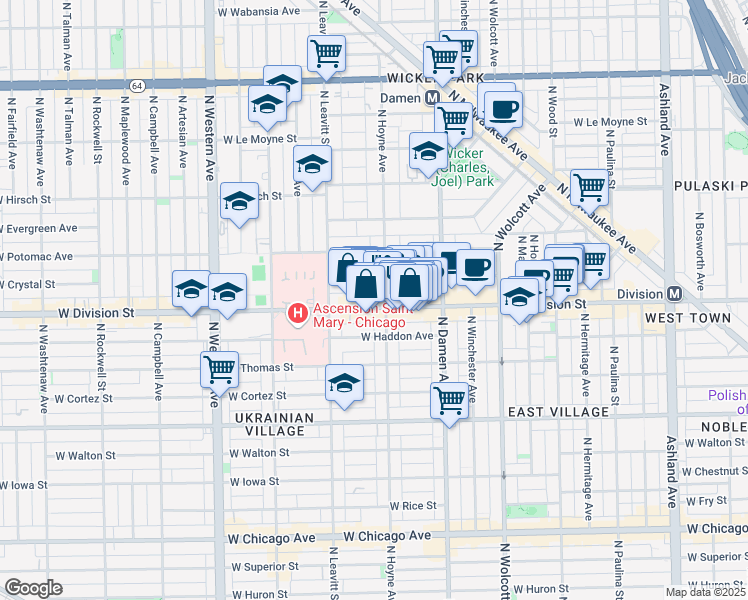 map of restaurants, bars, coffee shops, grocery stores, and more near 1223 North Hoyne Avenue in Chicago