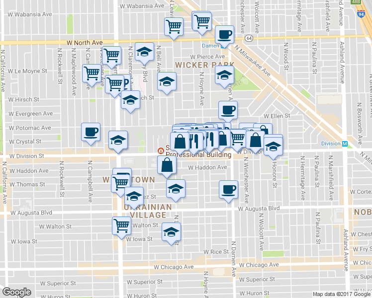 map of restaurants, bars, coffee shops, grocery stores, and more near 2125 West Crystal Street in Chicago